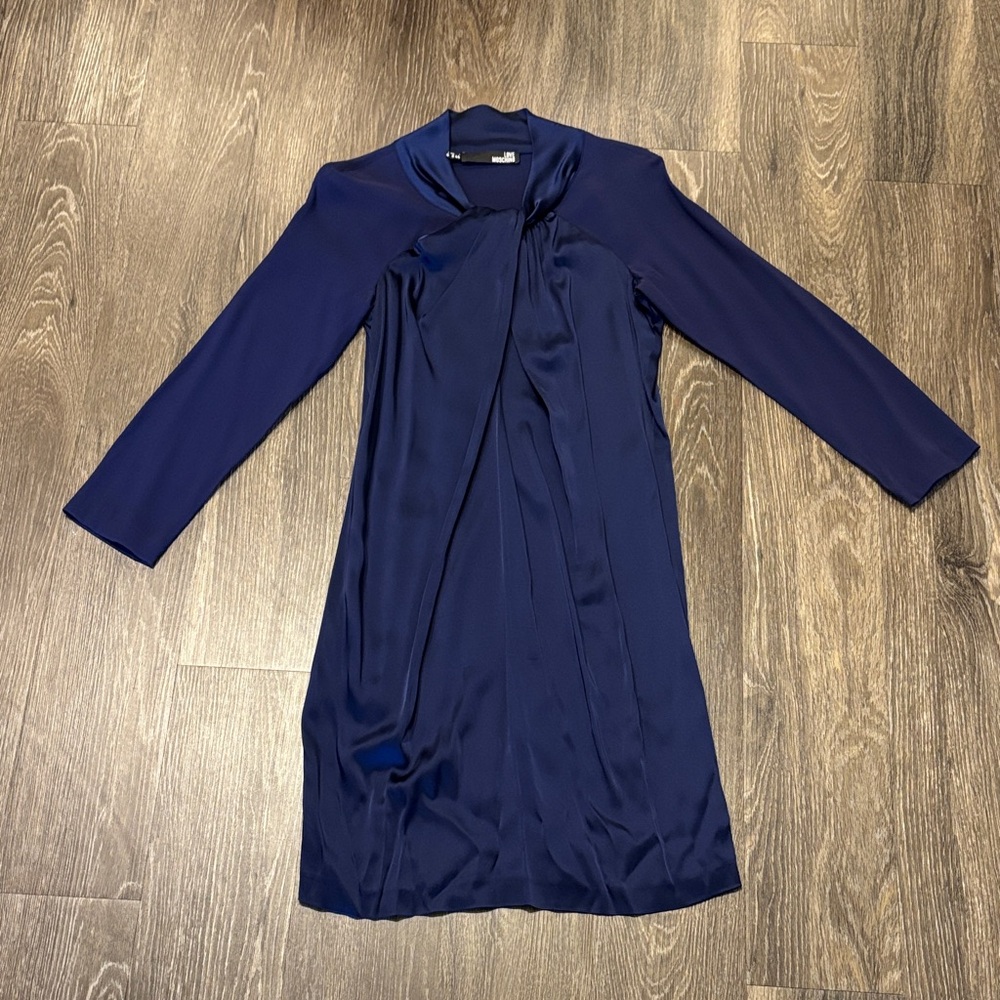 Moschino Navy Long-Sleeve Tie-Neck Dress